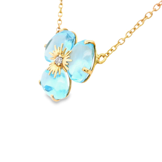 Yellow Gold Necklace with Blue Topaz and Round Cut Diamond