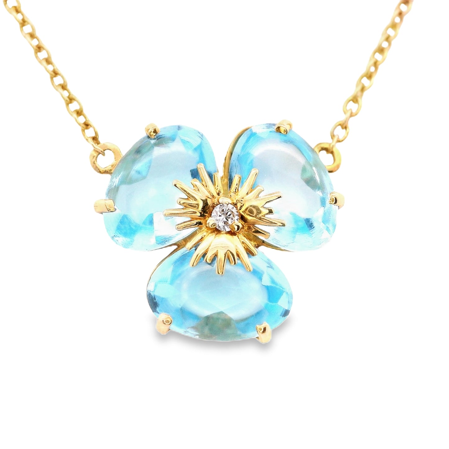 Yellow Gold Necklace with Blue Topaz and Round Cut Diamond