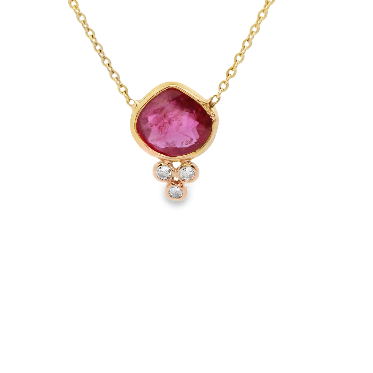 Yellow Gold Necklace with Pinkish-Red Ruby Cabochon and Accent Diamonds