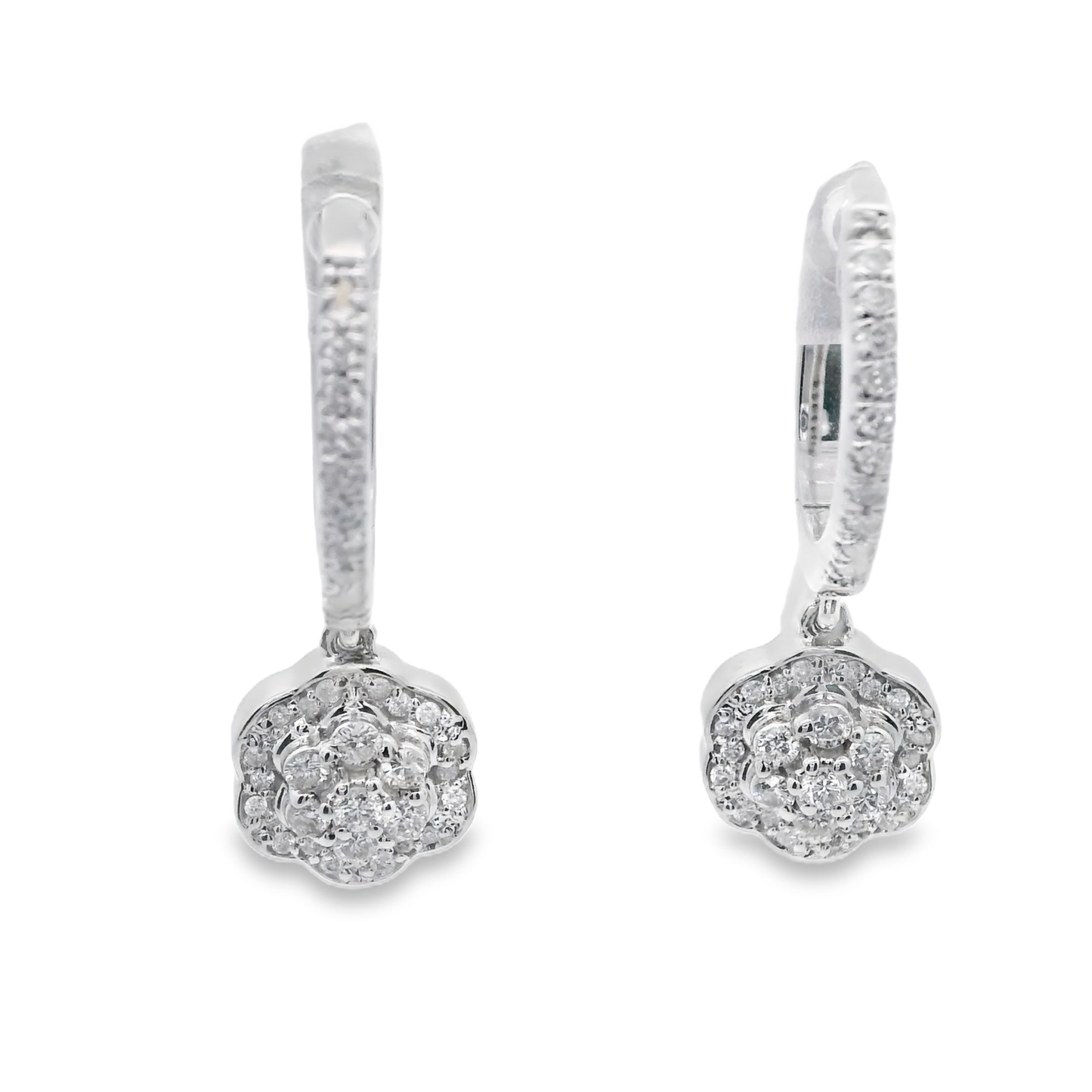 White Gold Dangle Earrings with Round Cut Diamonds