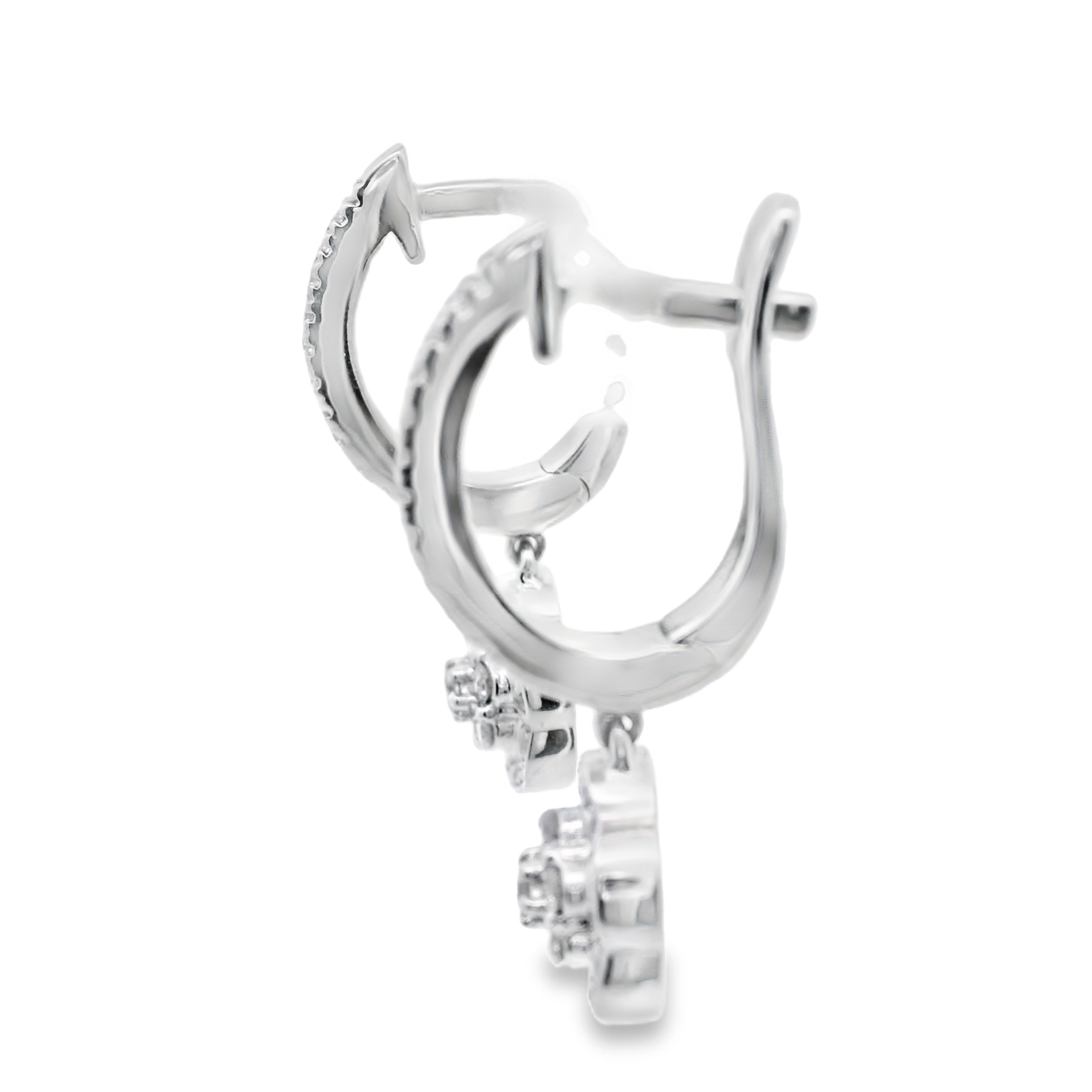 White Gold Dangle Earrings with Round Cut Diamonds