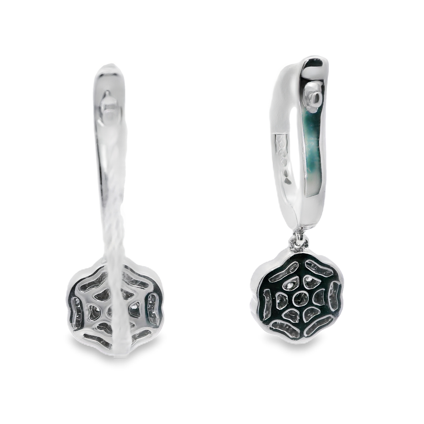 White Gold Dangle Earrings with Round Cut Diamonds