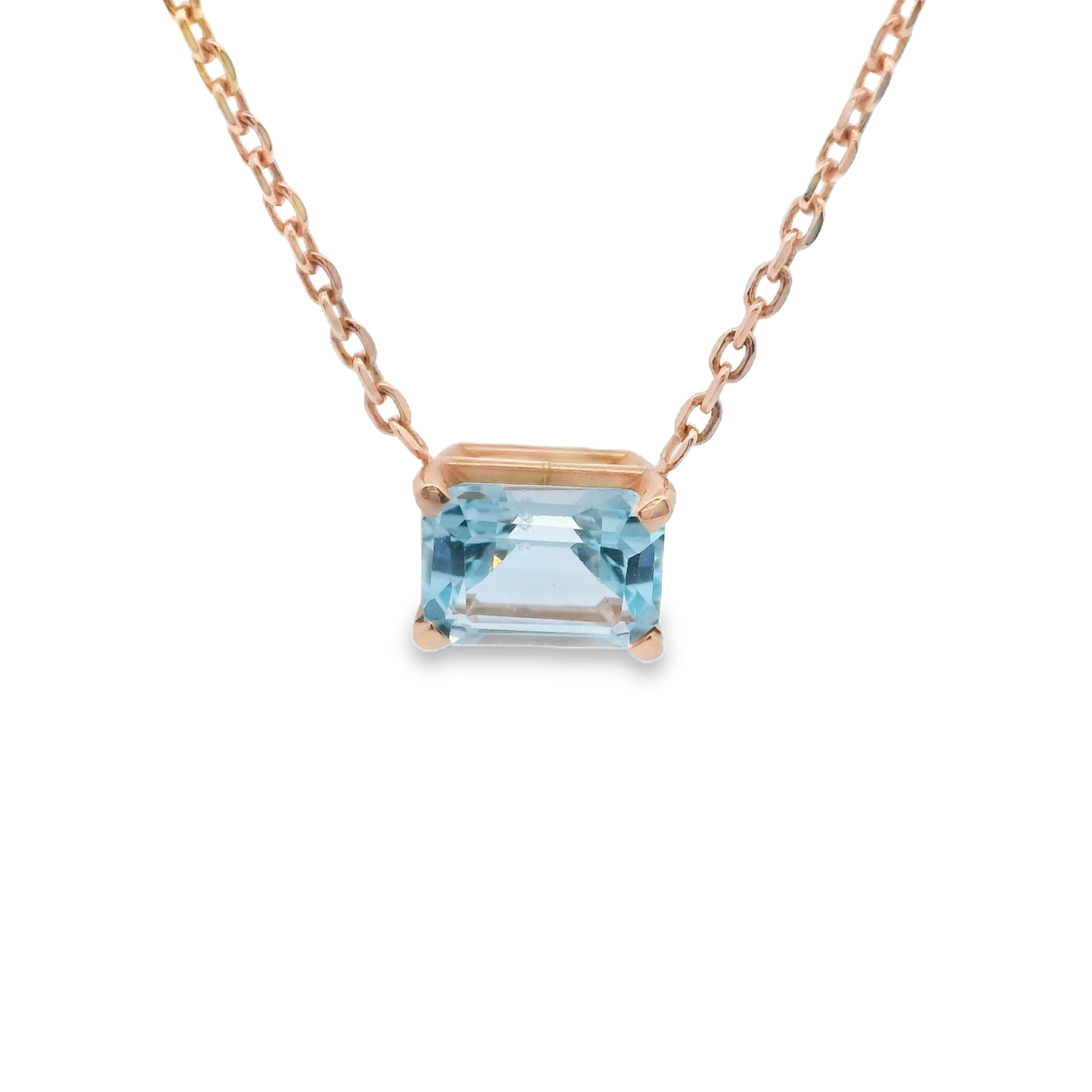 Gold Chain Necklace with Emerald Cut Aquamarine Gemstone