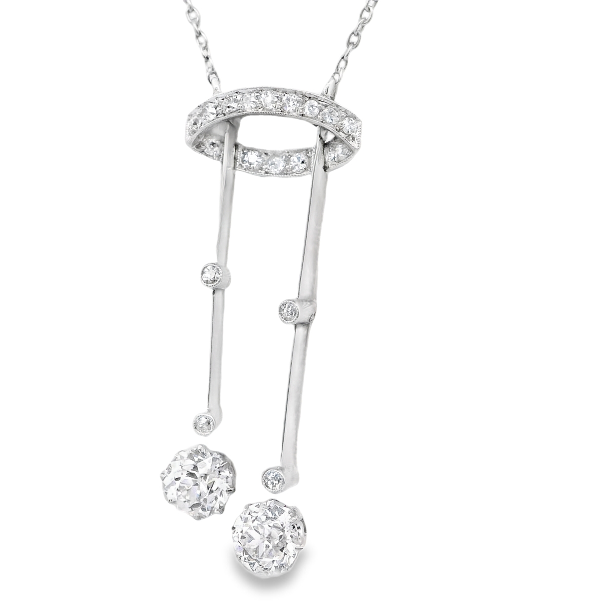 White Gold Dangle Necklace with Round European Cut Diamonds