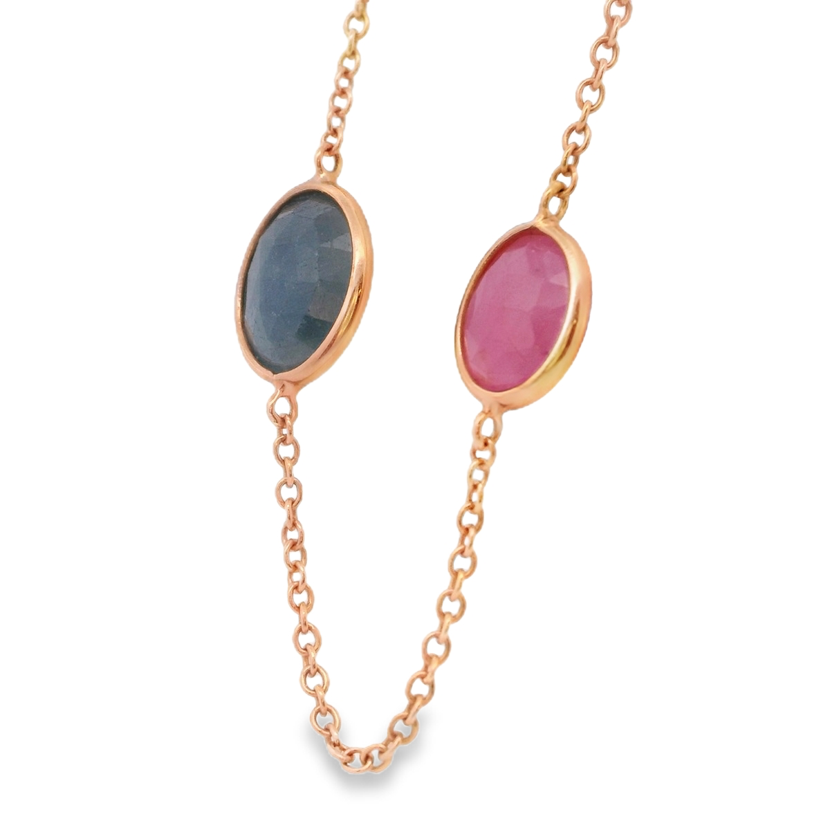 Rose Gold 5 Station Blue and Red Sapphire Necklace