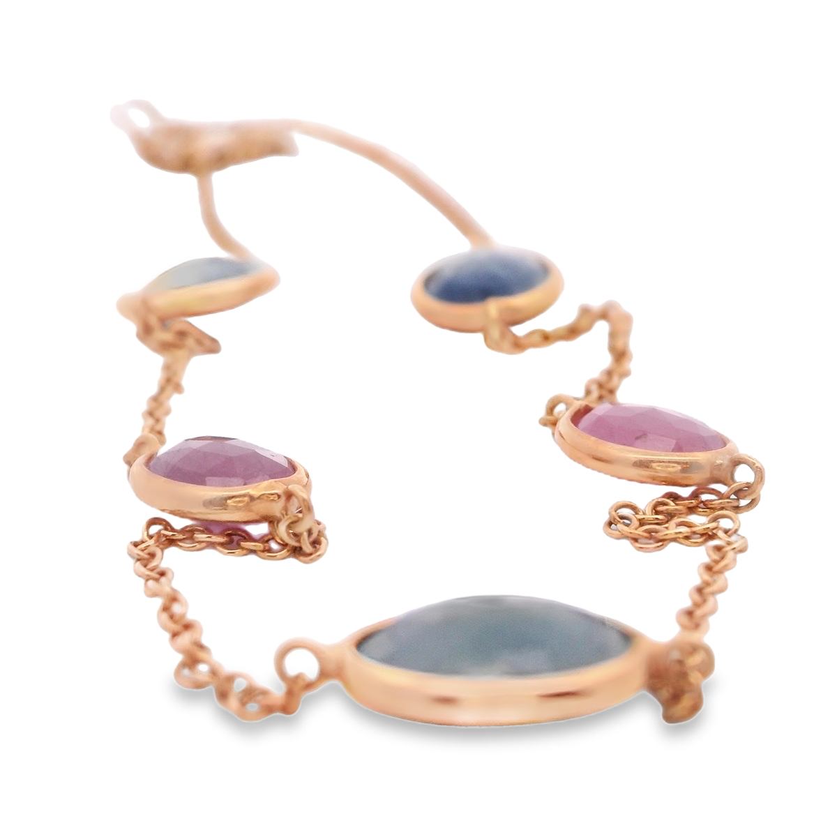 Rose Gold 5 Station Blue and Red Sapphire Necklace