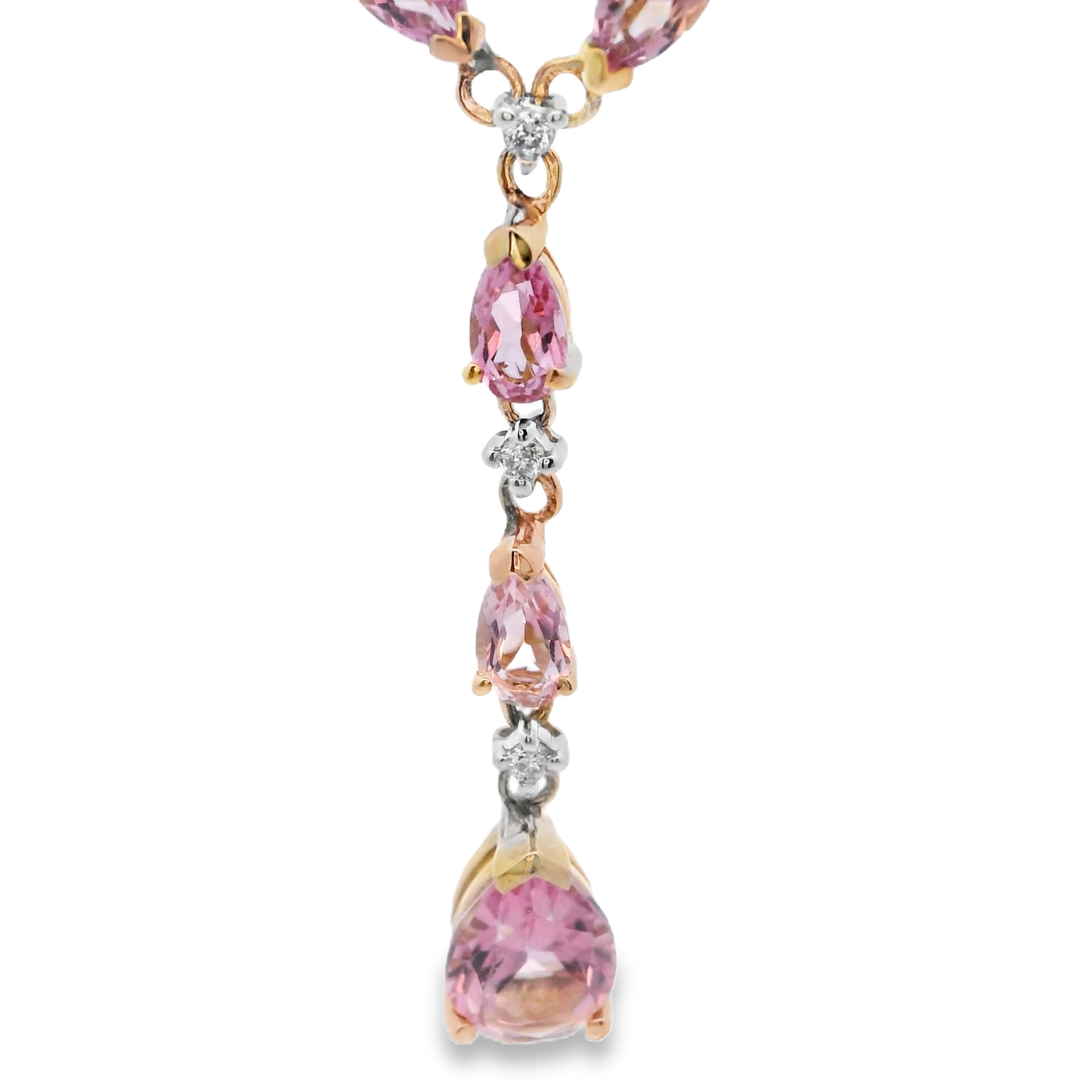 Yellow Gold Charm Necklace with Reddish-Purple Rose Quartz Pears
