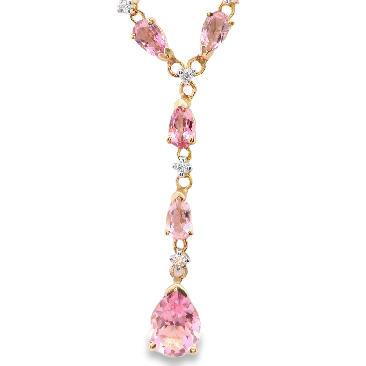 Yellow Gold Charm Necklace with Reddish-Purple Rose Quartz Pears