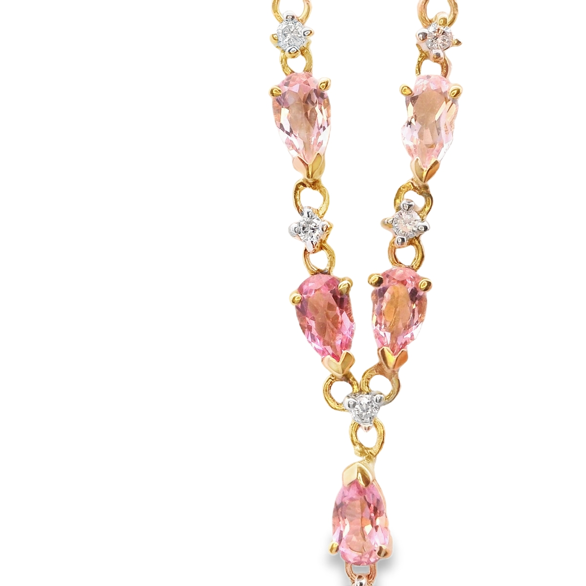 Yellow Gold Charm Necklace with Reddish-Purple Rose Quartz Pears