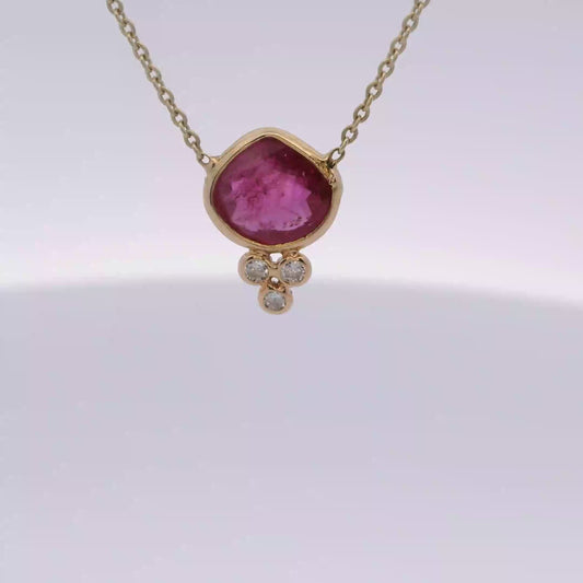 Yellow Gold Necklace with Pinkish-Red Ruby Cabochon and Accent Diamonds